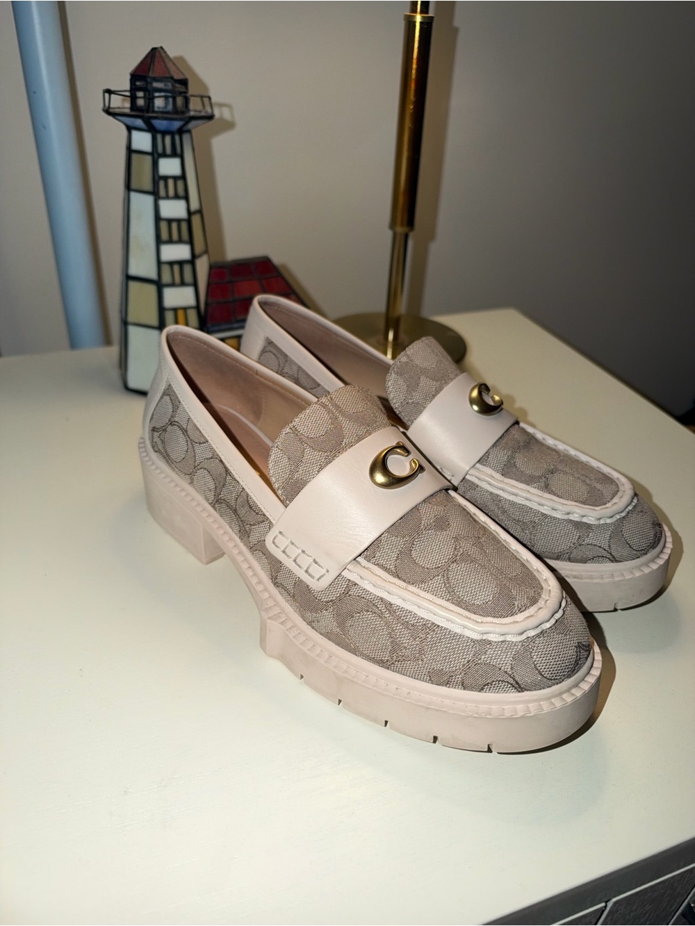 Coach Leah Tan Signature Platform Loafers with Gold Accent